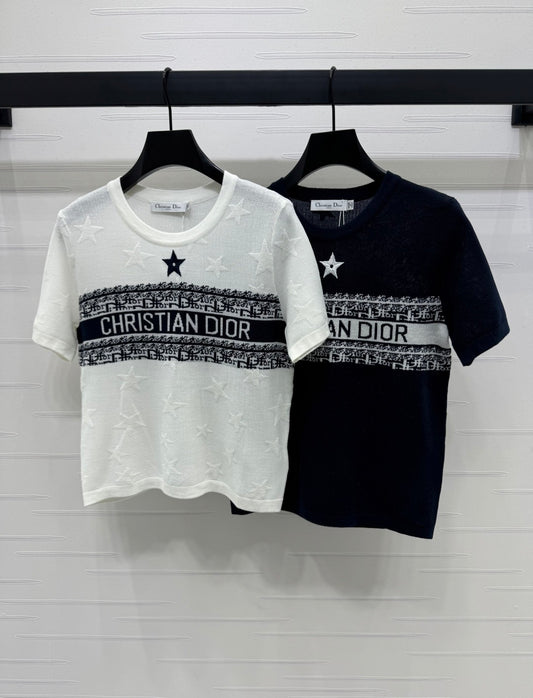 25ss embossed three-dimensional five-pointed star contrast color logo knitted short sleeves
